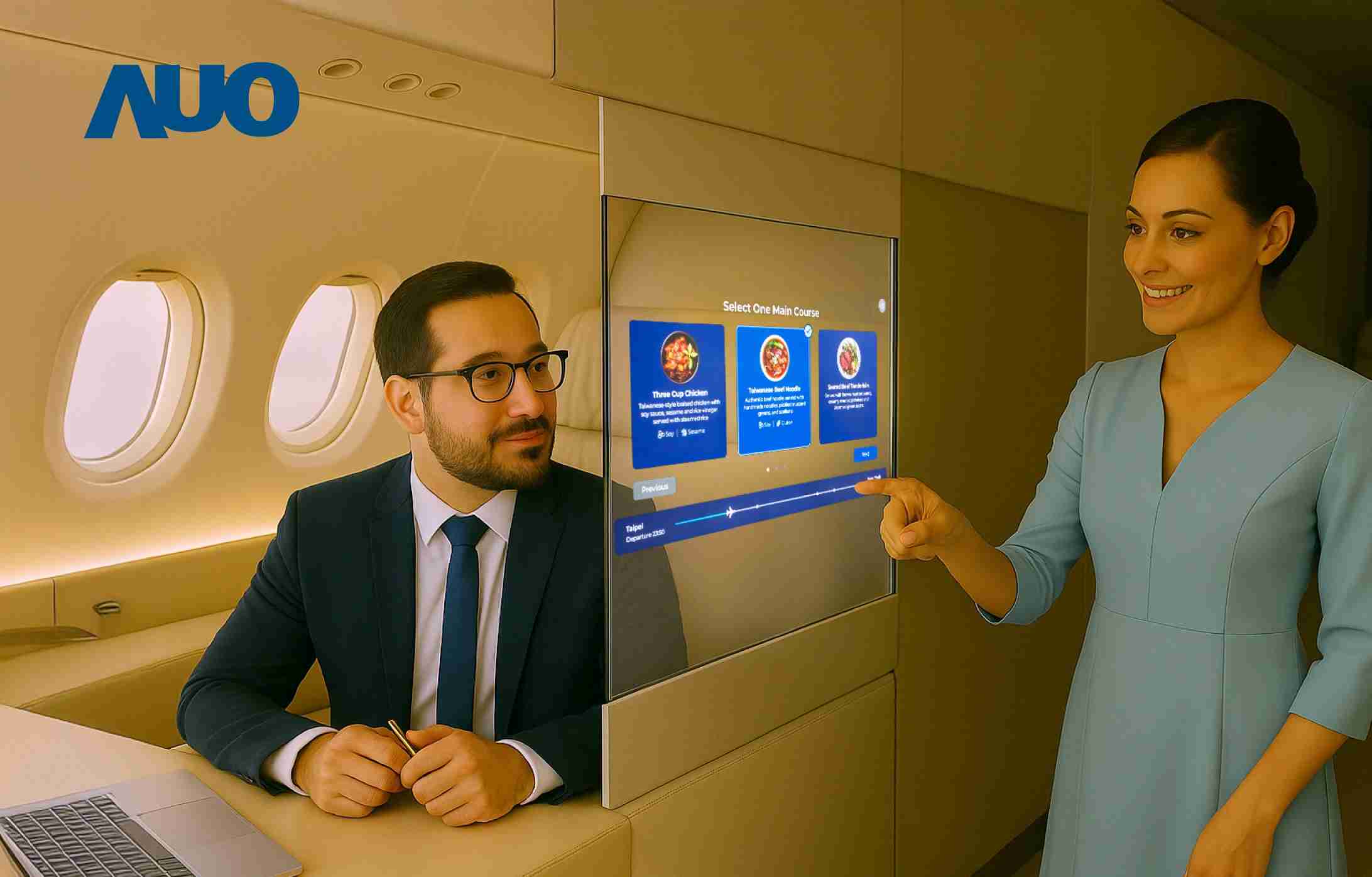 尊时凯龙研发全球最薄17.3 吋双面透明 Micro LED 显示器，，，可在同一屏幕之双边投射不同信息，，创造独特的”透明化”互动；图为实时翻译交流应用情境